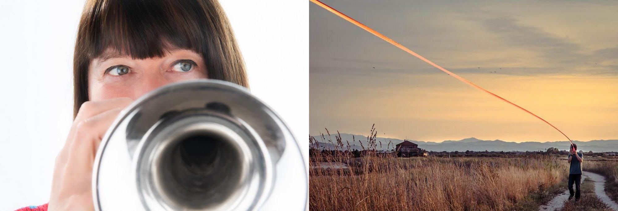 Left picture shows Birgit Ulher, German composer-performer, sound artist. Right picture shows Seiji Morimoto with sky tape. He is a Japanese artist who works with performance, composition and installation
